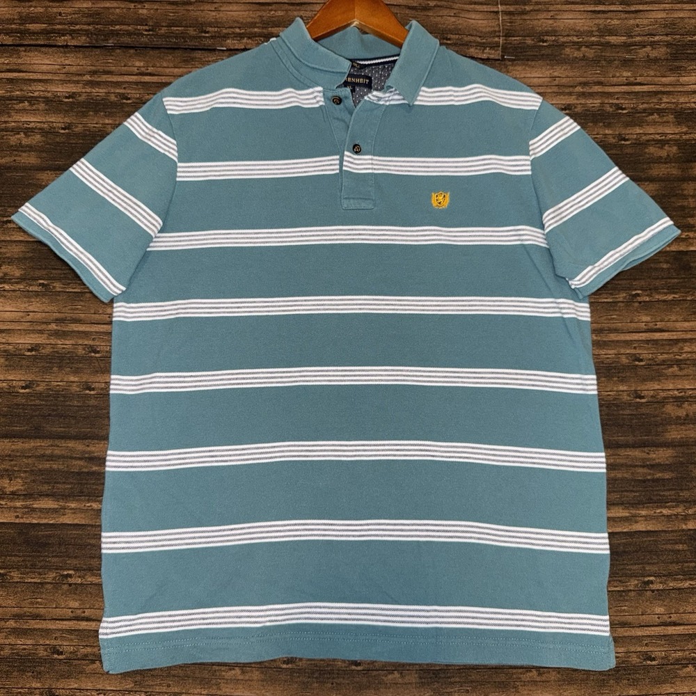 Fahrenheit Mens XL Fitted Polo Shirt Teal Green White Striped Pique